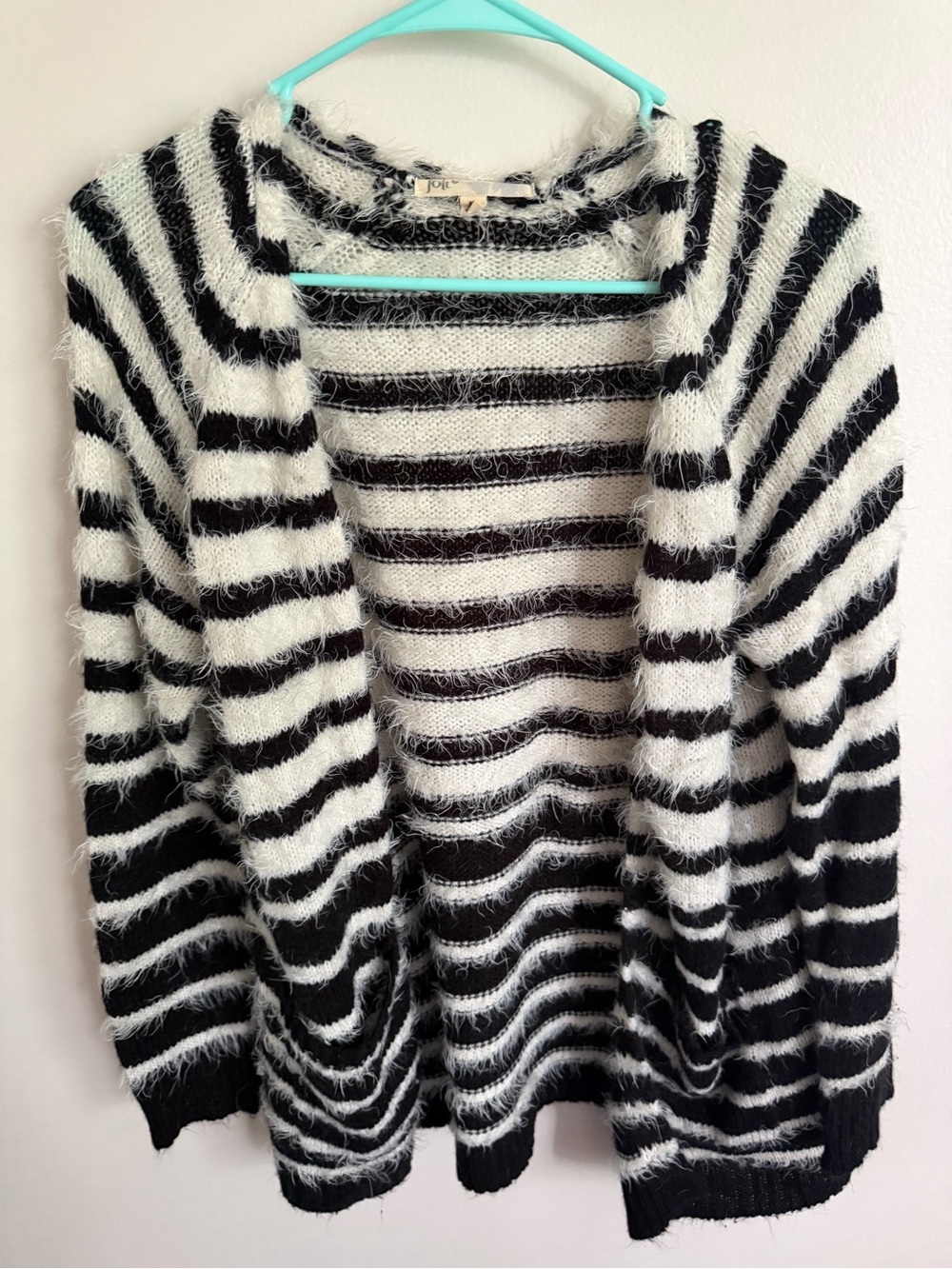 Jolt Black & White Fuzzy Striped Open-Front Cardigan